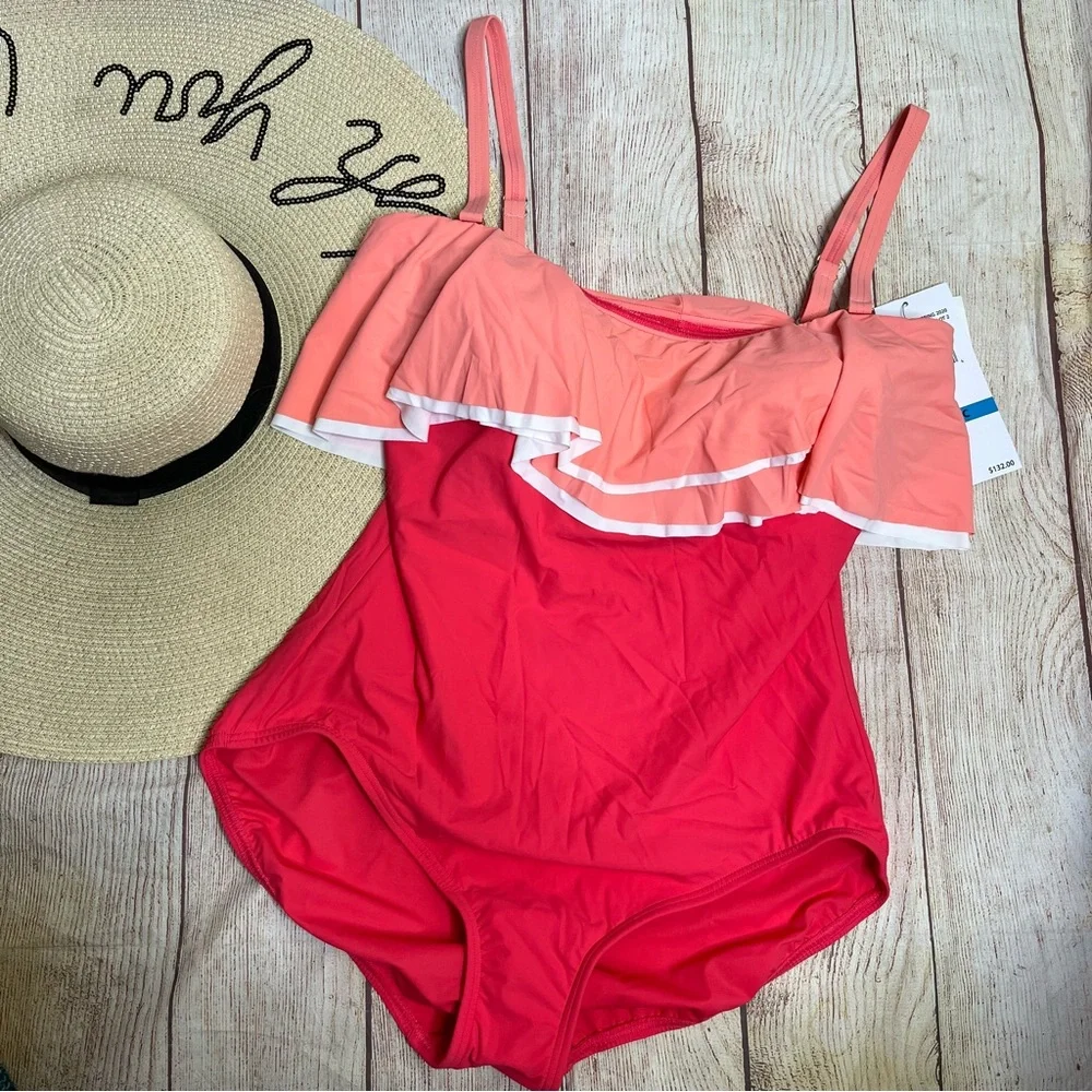 Coco Reef Contours Agate Petunia Ruffle Bandeau One Piece Swimsuit Size 12 - Picture 3 of 7